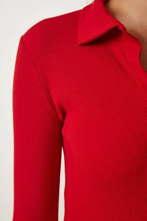 Женская красная вязаная блузка с воротником-поло GT00111