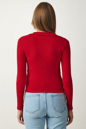 Женская красная вязаная блузка с воротником-поло GT00111