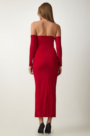 Женское красное платье песочного цвета без бретелек с воротником и разрезом BF00086