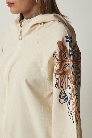 Женская кремово-коричневая льняная куртка с капюшоном и принтом SA00014