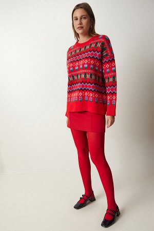 Женский красный шерстяной трикотажный свитер с рисунком PF00056
