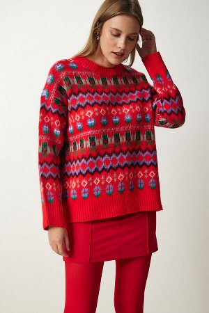 Женский красный шерстяной трикотажный свитер с рисунком PF00056