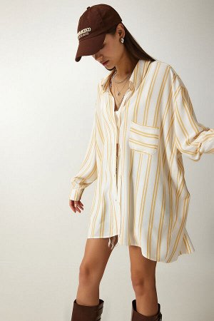 Женская льняная вискозная рубашка оверсайз в кремовую полоску OW00014