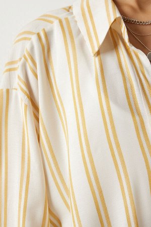 Женская льняная вискозная рубашка оверсайз в кремовую полоску OW00014