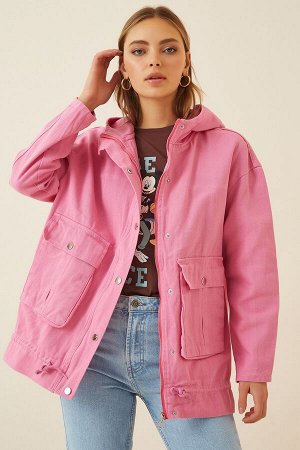 Женское розовое пальто из габардина оверсайз с капюшоном RV00009