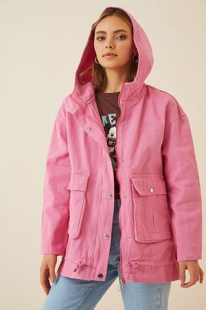 Женское розовое пальто из габардина оверсайз с капюшоном RV00009