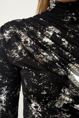 Женская черная блестящая блузка песочного цвета со сборками FF00148