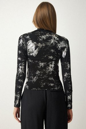 Женская черная блестящая блузка песочного цвета со сборками FF00148