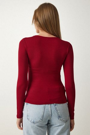 Женская бордовая вискозная трикотажная блузка с красным квадратным воротником RX00040