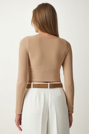 Женская бежевая вельветовая укороченная блузка на молнии SF00006