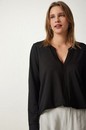 Женская черная трикотажная блузка с судейским воротником RX00042