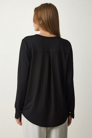 Женская черная трикотажная блузка с судейским воротником RX00042