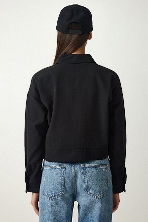 Женская черная укороченная джинсовая куртка на пуговицах DX00015