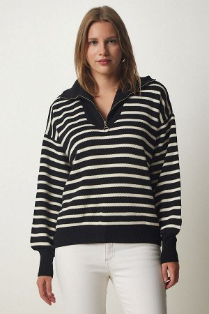Женский черный полосатый вязаный свитер с воротником-молнией PF00039