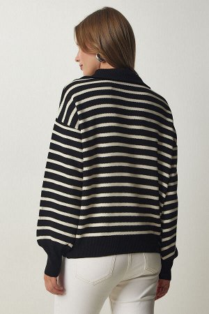 Женский черный полосатый вязаный свитер с воротником-молнией PF00039
