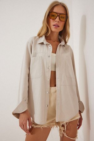 Женская кремовая куртка-рубашка из габардина оверсайз RV00051