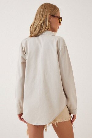 Женская кремовая куртка-рубашка из габардина оверсайз RV00051