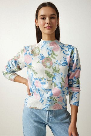 Женский свитер из мягкого фактурного трикотажа розово-синего цвета с рисунком LU00022