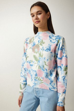Женский свитер из мягкого фактурного трикотажа розово-синего цвета с рисунком LU00022