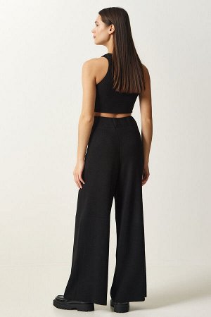 Женские черные широкие брюки из плотного трикотажа YG00102