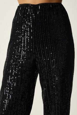 Женские черные брюки-палаццо с пайетками MC00250