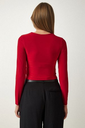 Женская красная укороченная блузка песочного цвета с рюшами L_00111