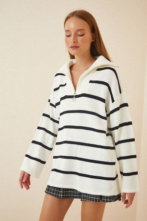 Женский длинный вязаный свитер большого размера черного цвета с застежкой-молнией в полоску VA00031