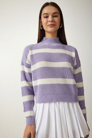 Женский сиреневый вязаный свитер в полоску с высоким воротником ZA00073
