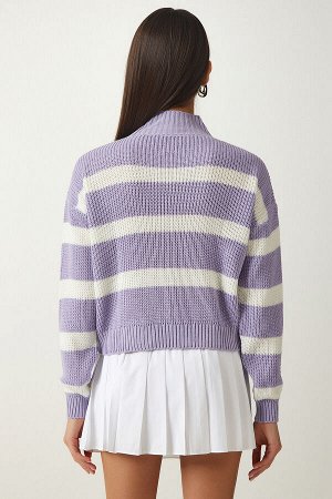 Женский сиреневый вязаный свитер в полоску с высоким воротником ZA00073