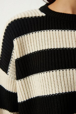 Женский черный кремовый укороченный трикотажный свитер в полоску PF00058