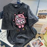 Футболка свободная хлопковая с принтом, черный потертый как на фото