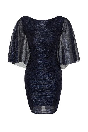 Темно-синее приталенное, блестящее, стильное вечернее платье