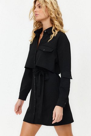 Черное тканое платье-мини-рубашка с поясом и карманами