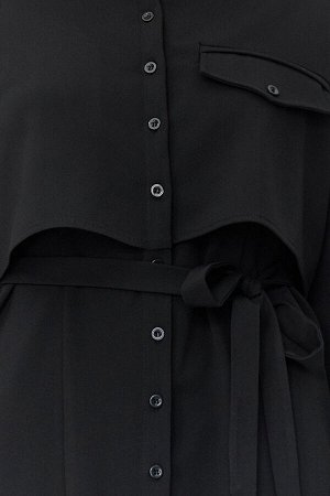 Trendyomilla Черное тканое платье-мини-рубашка с поясом и карманами