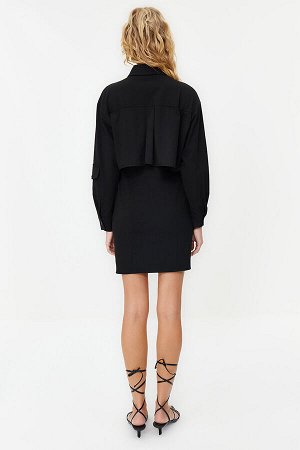 Trendyomilla Черное тканое платье-мини-рубашка с поясом и карманами