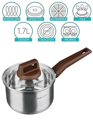 Ковш 1,7л с крышкой, [ВЕНЕРА] 16*10см ручка из термостойкого пластика, стеклянная крышка, индукционное капсульное дно