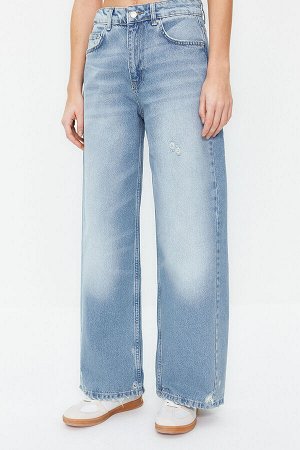 Синие джинсы с удлиненными штанинами и нормальной талией с декоративной строчкой