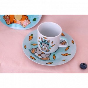 Набор детской посуды из керамики Доляна «Милый зайка», 3 предмета: кружка 230 мл, миска 400 мл, тарелка d=18 см, цвет белый