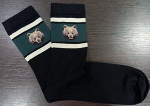 Носки мужские хлопковые с принтом цвет Черный (зеленая полоска медведь)