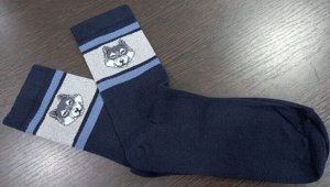 Носки мужские хлопковые с принтом цвет Темно-синий (голубая полоска волк)