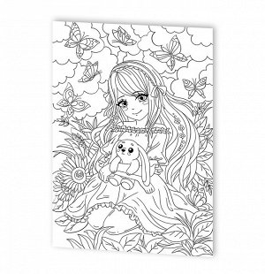 Раскраска для детей «Девочка с зайкой» в стиле Anime