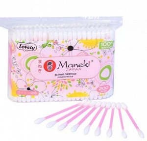 Палочки ватные гигиен. "Maneki" Lovely, с розовым пластиковым стиком, в zip-пакете