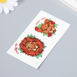Переводные тату парные «Лев и львица: Одна любовь», временные татуировки цветные, 10.5х6 см