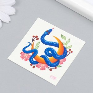 Татуировка на тело цветная "Змея на месяце с цветами" 6х6 см