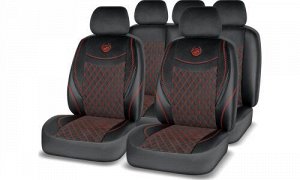 Чехлы универсальные для передних и задних сидений, алькантара и экокожа Черный и Красная нить, 11 предметов, AUTOPREMIER Modern