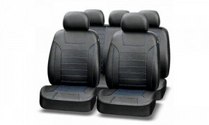 Чехлы унивыерсальные для передних и задних сидений Экокожа Черный и Синяя нить, 11 предметов, AUTOPREMIER Platinum VIP