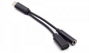 Кабель-переходник для мобильных устройств разветвитель под наушники и зарядку с разъемом Lighting, 11 см, Черный