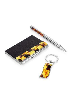 Подарочный набор с брелоком, визитницей и ручкой, украшенными янтарной мозаикой