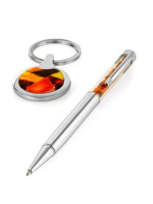 Подарочный набор с круглым брелоком и ручкой с россыпью янтаря