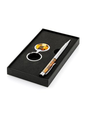 Подарочный набор с круглым брелоком и ручкой с россыпью янтаря